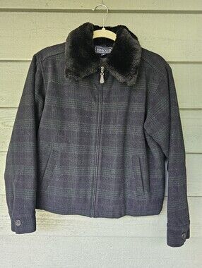 VTG Harold's Blackwatch Tartan Plaid Wool Mackinaw Jacket Fur Collar Women's S